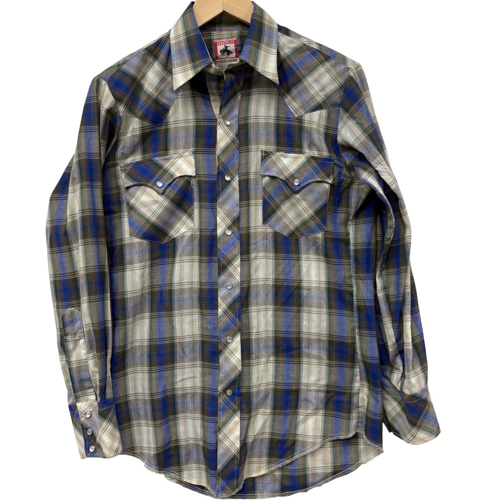 CHUTE 1 Mens Plaid Western Long Sleeve Pearl Snap Shirt Blue Tan Green‎